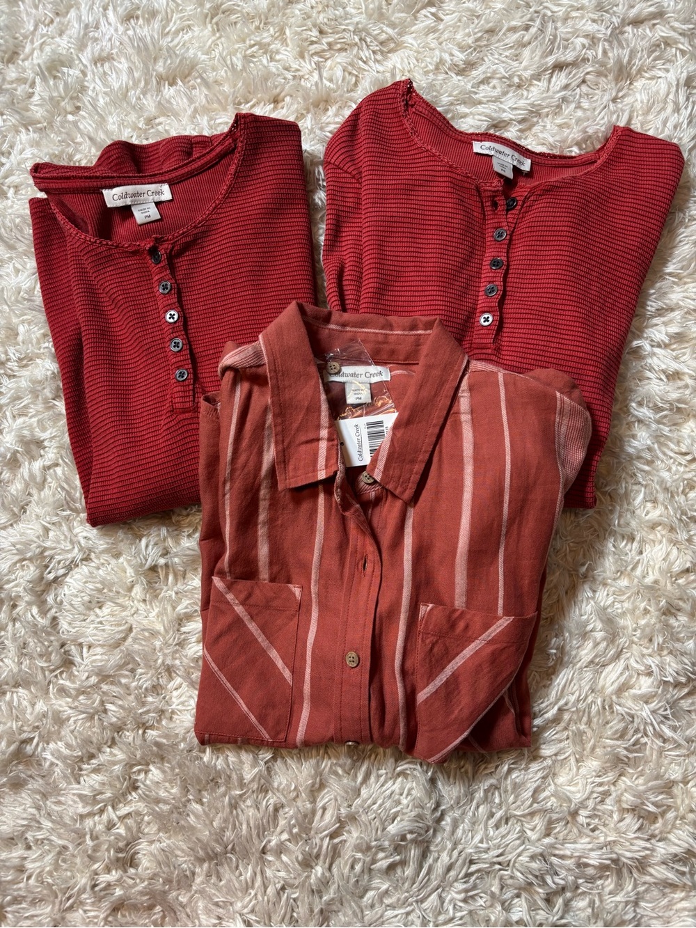 Coldwater Creek Rust Red Henleys and Striped Button-Down Top Set